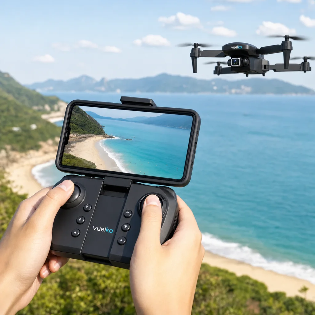 Persona sujetando un móvil con la imagen de la cámara de un dron en pantalla