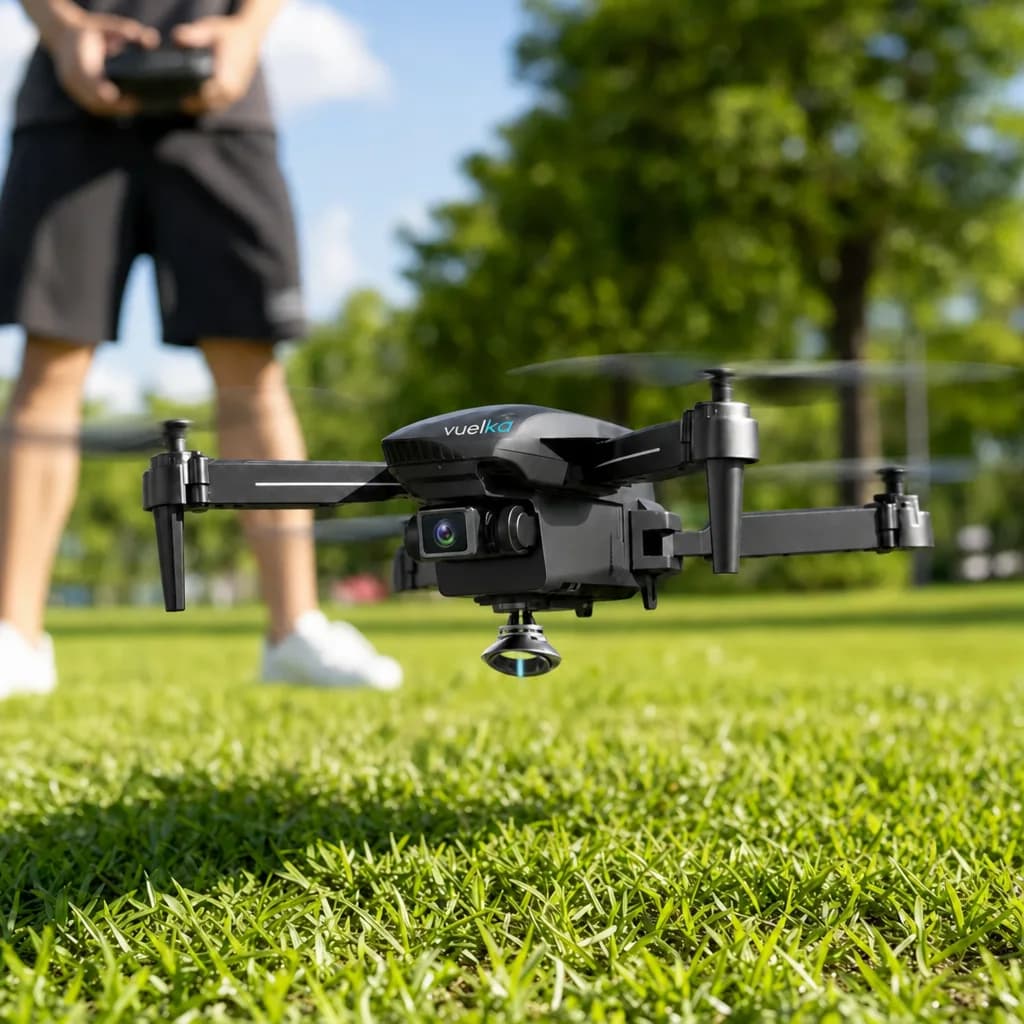 Dron negro en el aire sobre un paisaje de montaña grabando con su cámara