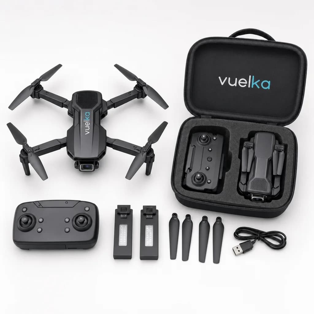 Dron plegable negro junto a su maletín rígido abierto y dos baterías, dispuestos sobre una mesa