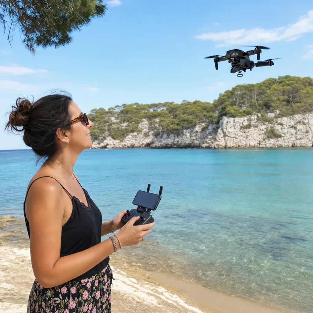 Mujer en la playa con el mando y el dron volando sobre el mar