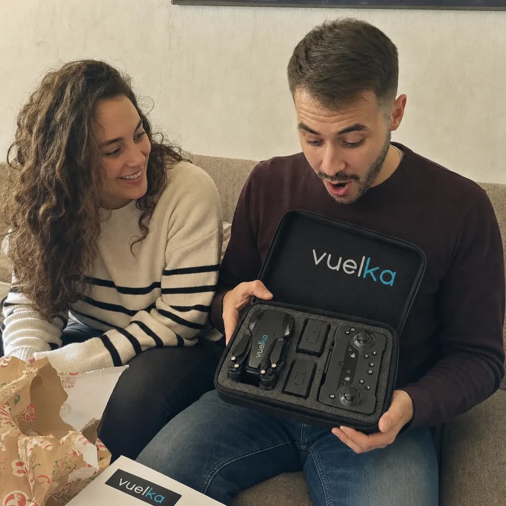 Pareja abriendo el maletín del dron en el sofá